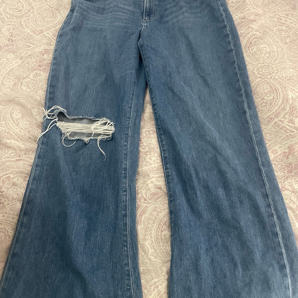 PAIGE Blue Flare Wide Leg Jeans Distressed